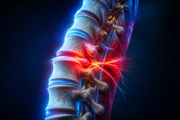 3D spine illustration highlighting slipped disc, muscle strain, and nerve compression