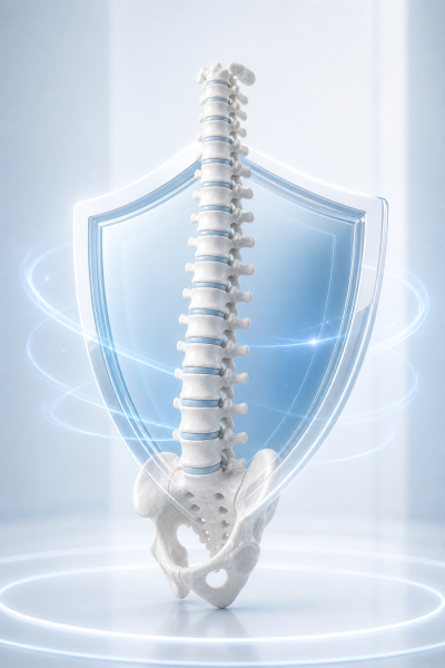 Safe spine surgery concept with shield symbol highlighting advanced and secure treatment